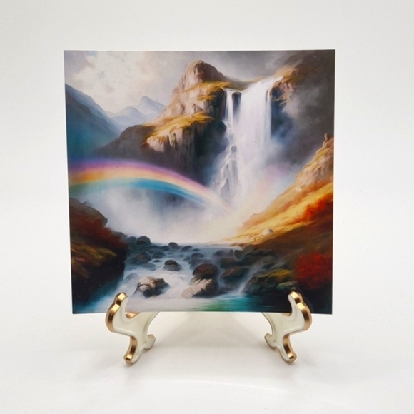 NobleCaptures Other - 4x4 Waterfall with Rainbow Wall Art Illustration Watercolor Oil Painting Print